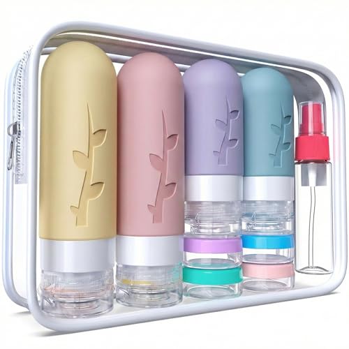 DEPOZA Travel Bottles Kit (16 Pack) - TSA Approved, Leak Proof Silicone Squeezable Containers for Toiletries. Complete Set with Jars, Sprayers & Bag (Light Purple) - color: Light Purple