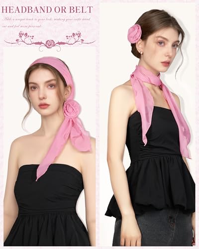 Chiffon Scarf for Women, Removable Flower Neck Scarf Light Soft Fashion Rose Scarves Versatile Headband or Hair Band - color: Pink
