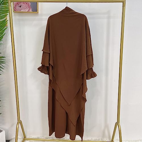 Women Prayer Dress Muslim Ramadan Garment Abaya Dubai Islam Jilbeb 2 Piece Set Layered Khimar Scarf Hijab and Long Dress - color: Coffee, size: Large