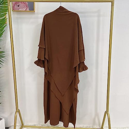 Women Prayer Dress Muslim Ramadan Garment Abaya Dubai Islam Jilbeb 2 Piece Set Layered Khimar Scarf Hijab and Long Dress - color: Coffee, size: Large