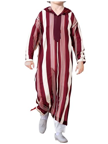 WSPLYSPJY Boys Muslim Thobe Striped Islamic Robe | Boys Muslim Thobe Striped Maxi Kaftans Kids Hooded Long Sleeve Arab Gown Islamic Robe - color: Wine Red, size: 13-14 Years