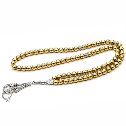 Amazing Gemstone Golden Hematite Tasbeeh with Moon and Star Charm - Certified Crystal Muslim Prayer Beads Natural Gemstone Tasbih for Ramadan Dhikr and Daily Namaz (S) - color: Golden Hematite
