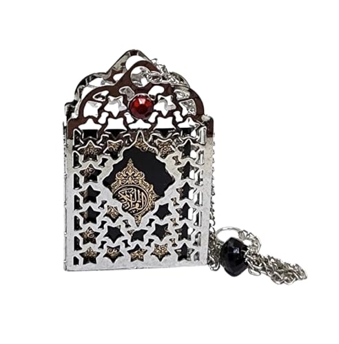 Islamic Car Rear Mirror Hanging Decorative Ornament Vehecle Necklace AMN142 Mini Al-Quran in Metal Cage Pendant Ramadan Eid Muslim Gift (Silver/Black) - color: Silver/Black