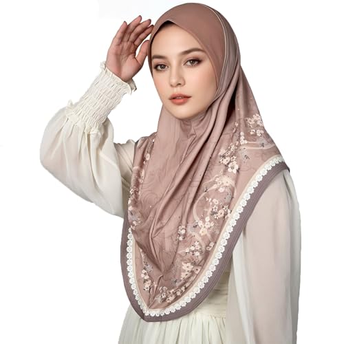 Ready To Wear Instant Hijab 여아용 무슬림 슬립온 키마르 꽃무늬 히잡 스카프 여성용 히잡 이슬람 아바야 터번 - color: 브라운 2#
