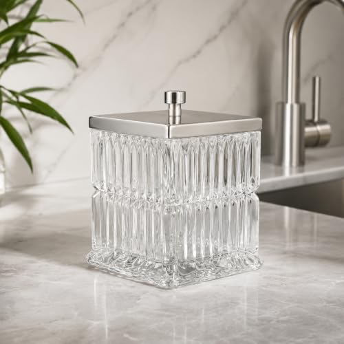 Vince Camuto Home Glass Cotton Jar Holder – Nickel Lid, Elegant Bathroom Storage Canister for Qtips, Cotton Balls, Floss, Makeup Organizer, Vanity & Bathroom Organization - color: CLEAR GLASS NICKEL LID