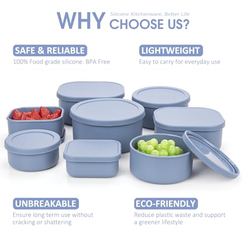 100% Silicone Food Storage Containers with Lids, 8 Pack, 10oz to 51oz, Reusable Leakproof Nesting & Stackable Silicone Bento Lunch Box, Microwave Freezer Dishwasher Oven Safe, BPA Free, Slate Blue - color: Slate Blue | 8 Pack