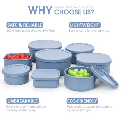 100% Silicone Food Storage Containers with Lids, 8 Pack, 10oz to 51oz, Reusable Leakproof Nesting & Stackable Silicone Bento Lunch Box, Microwave Freezer Dishwasher Oven Safe, BPA Free, Slate Blue - color: Slate Blue | 8 Pack