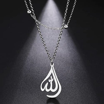 kkjoy Islamic Muslim Allah Layered Necklaces for Women Charm Stainless Steel Necklace Water Drop Heart Shape Allah Necklace Double Layer Necklace Lucky Islamic Jewelry