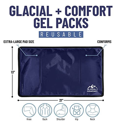 Glacial Comfort Gel Ice Pack for Back Pain - (21''x13'') Reusable Cold Pads Hip, Knee, Shoulder Injuries, Muscle Strains, Migraine & Postpartum Recovery with Flex Technology Compression Pad, Blue - size: X-Large (21" x 13")