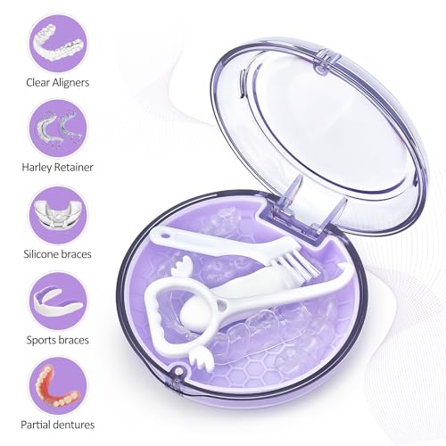 Retainer Case Slim Aligner Case with Vent Holes Removable Inner Tray Silicone for Easy Cleaning, Retainer Removal Tool and Brush (Clear Purple) - color: Clear Purple