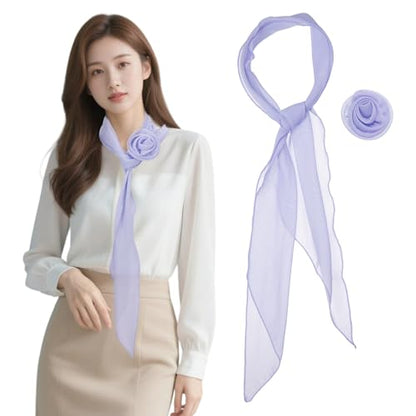 Chiffon Scarf for Women, Long Skinny Chiffon Neckerchief with Detachable Rose Flower Light Soft for Hair Ribbon - color: Lavender