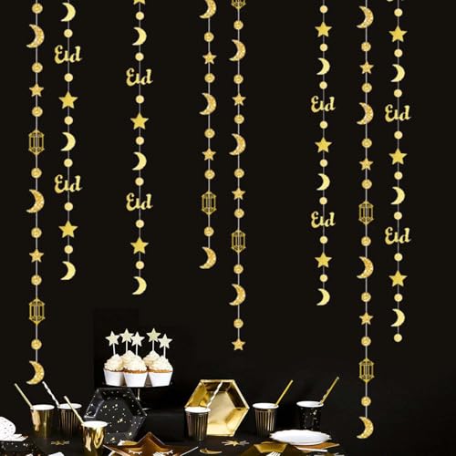 Glitter Gold Paper Star Moon Dot Eid Garlands Birthday Party Decorations Hanging Crescent Twinkle Little Star Streamer Bunting Banner for Islamic Holiday Ramadan EID Mubarak Baby Shower Party Supplies - color: Gold