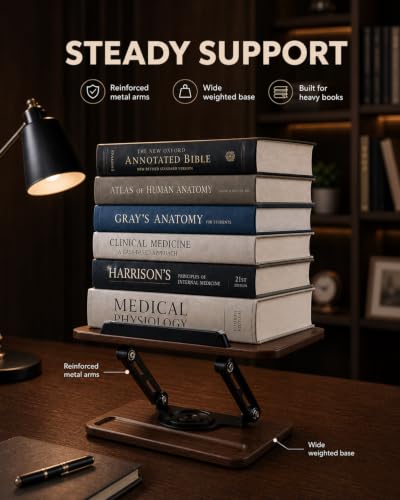 Adjustable Book Stand for Reading with Light, Book Holders for Reading Hands Free, Ergonomic Reading Stand for Cookbooks,Bibles,Laptop & Tablet with Page Clips & 360° Rotating Bases for Study & Office
