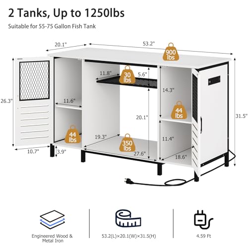 BREEZEHEAT 75 Gallon Fish Tank Stand with Power Outlet, LED Light, 1250lbs Capacity, 55-75 Gallon Heavy Duty Metal Aquarium Stand with Cabinet, Terrarium stand Suitable for Turtle & Reptile Tank, White