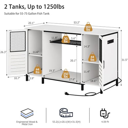 BREEZEHEAT 75 Gallon Fish Tank Stand with Power Outlet, LED Light, 1250lbs Capacity, 55-75 Gallon Heavy Duty Metal Aquarium Stand with Cabinet, Terrarium stand Suitable for Turtle & Reptile Tank, White