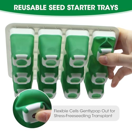 5PCS 60 Cell Self Watering Seed Starter Tray with Grow Light, Reusable Silicone Seed Starter Kit with Humidity Dome, 60 Cells Plant Germination Trays for Seeding Planting Growing（5-Pack 60-Cell）