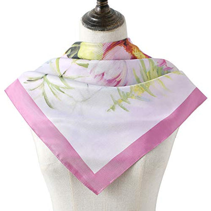 100% Mulberry Silk Scarf-Printed or Solid Color 35” Square Large Silk Hair Head Wrap Scarf With Gift Box Package - color: J Pattern: Blooming Flowers