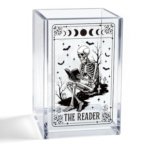 The Reader Acrylic Cosmetic Pencil Pen Holder Cup, Funny Bookworm Skeleton Theme Gifts for Bookworm Book Lover Reader Book Club Member College Student, Thank You Gifts for Librarian Teacher - color: Clear 1