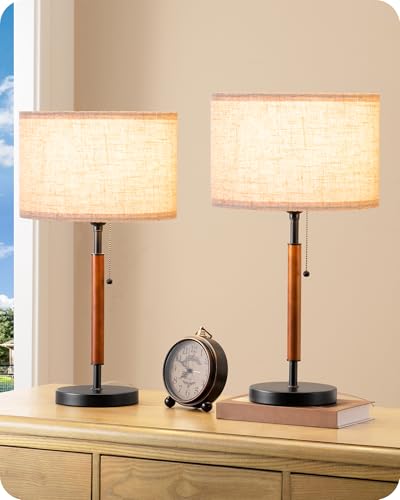 EDISHINE Mid Century Table Lamp Set of 2, Pull Chain Switch, Metal Base - color: Black