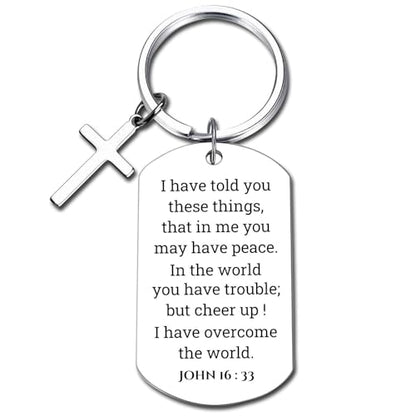 GiftYou Inspirational Scripture Metal Key Chains with Cross Pendant - Bible Verse Keychain Religious Gift for Christian - color: John 16:33