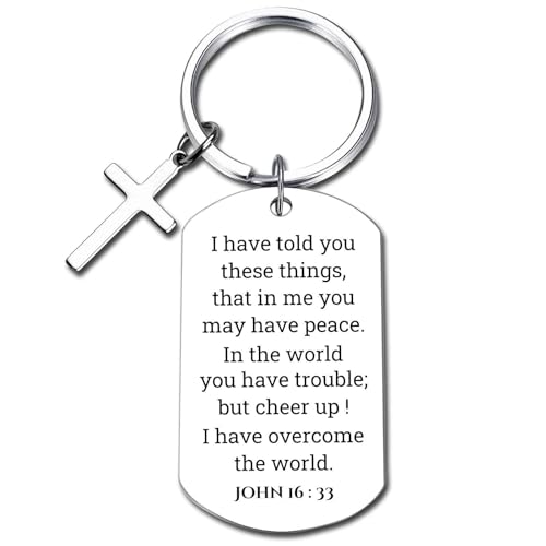 GiftYou Inspirational Scripture Metal Key Chains with Cross Pendant - Bible Verse Keychain Religious Gift for Christian - color: John 16:33