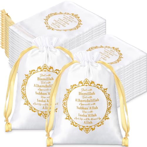 SATINIOR 36 Pcs Eid Ramadan Mubarak Satin Gift Bags 5 x 7 Inch Drawstring Eid Party Favor Silk Bags Mubarak Jewelry Pouch for Islamic Ramadan Gift Supplies Candy Bag Muslim Party Decoration