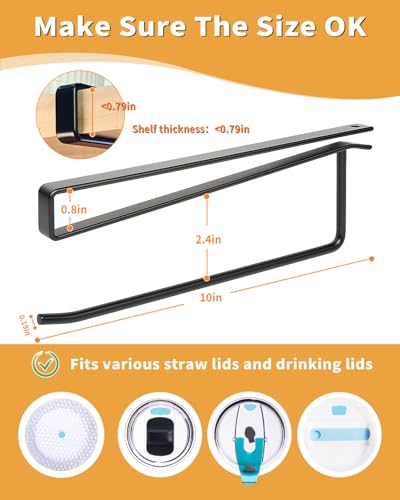 Tumbler Lid Organizer, Bar Hook Fits Various Lids, Horizontal Tumbler Lid Storage Hook, No Glue No Drill Straw Lid Holder/Hanger/Cup Holder, Kitchen Organizers under Cabinet, up to 12 Yeti Lids - size: 1Pack Wide