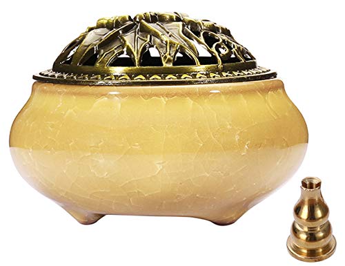 Miupoo Incense Burner and Cone Incense Holder with Brass Incense Stick Holder Ceramic Ash Catcher,Yellow - color: Yellow