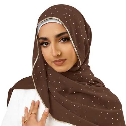Hijab Scarf for Women Soft Chiffon Rhinestone Long Scarf Shawl Fashion Muslim Hijab Head Wrap Scarves - color: Coffee