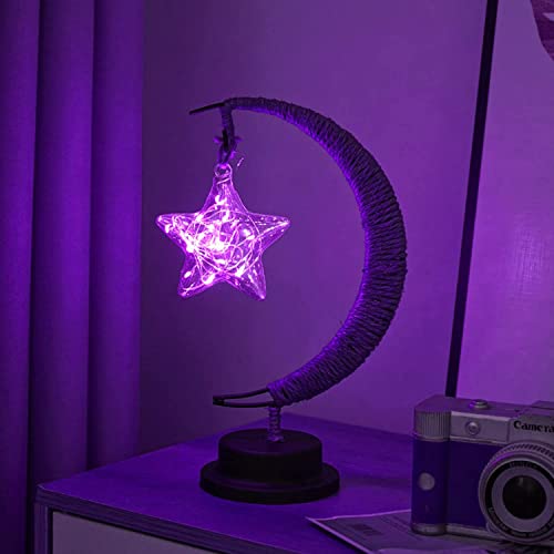 LED Decorative Lamp Star Moon Lamp Handmade Iron Night Lamp 3D Magic Moonlight Lamp Bedroom Moon Lamp Christmas Home Decoration USB Power Supply 5.5 * 5.1 * 11 Inch (Pentagonal Purple) - style: Pentagram Purple