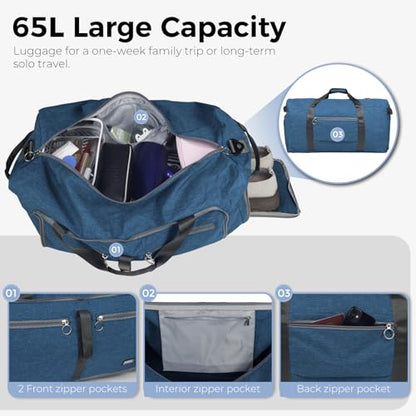 Fmeida 65L Duffle Bag with Shoes Compartment, Foldable Travel Duffel Bags for Men Women, Large Packable Travel Bag Water Repellent & Tear Resistant (Blue) - color: Textured Blue