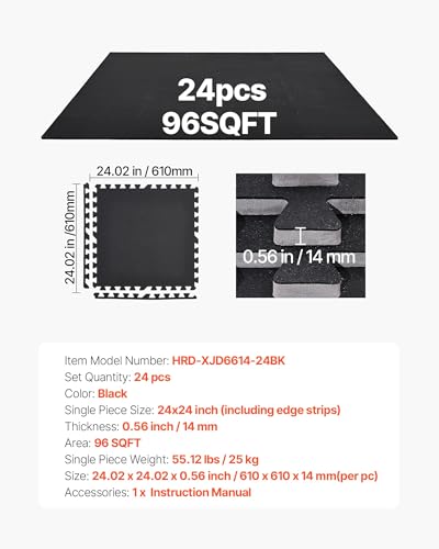 VEVOR 0.56Inch 96sq.ft 24 Tiles Gym Flooring for Home Gym, Rubber Top with High Density EVA Foam, 24 x 24In Gym Floor Exercise Equipment Mats, Interlocking Gym Mats, Puzzle Workout Mats, Black | Rubber Top with High Density EVA Foam, Lightweight Gym Floor