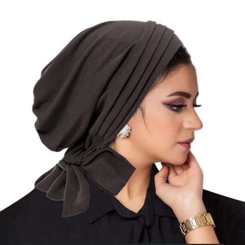 Suillty Women's Pre-Tied Muslim Hijab Bonnet Pleated Ruffle Turban Chemo Cap Underscarf Islamic Headwear - color: Coffee