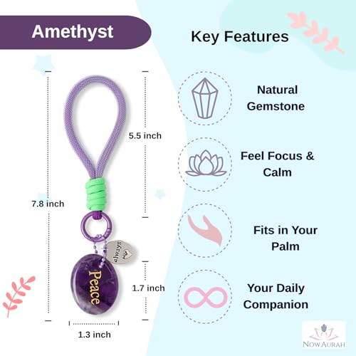 Crystal Keychain Set - Natural Healing Stones with Affirmation Cards- Worry Stone Anxiety Relief Gift - color: Amethyst.