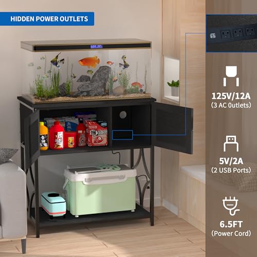 20-29 Gallon Aquarium Stand with Power Outlets & Cabinet Storage | 330lbs Capacity Metal Frame, Cabinet Storage, 30.7"x15.7" Tabletop, Fits Fish Tanks & Reptile Terrariums, Black - color: Black