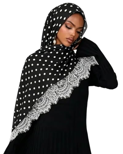 JUMISEE Elegant Floral Lace Hijab Scarf for Women Soft Cotton Head Wrap Instant Hijab Long Scarves Evening Dress Shawl - color: Black Polka Dot