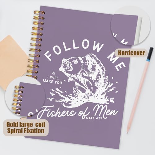 WUCHJ Purple Retro Fish Christian Notebook, Matthew 4:19 Bible Verse Journal, Religious Scripture Spiral Notebook Journal for Note Taking, Christian Faith Based Gifts for Women Men, 5.5x8.3 Inch - color: purple fish follow me