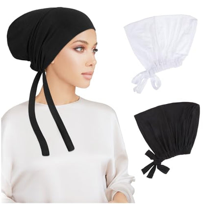 PHOGARY 2 Pcs Women Hijab Undercap, Islamic Muslim Under Hijab Cap Inner Under Scarf Hat Turban with Tie Back Closure - color: Black，white