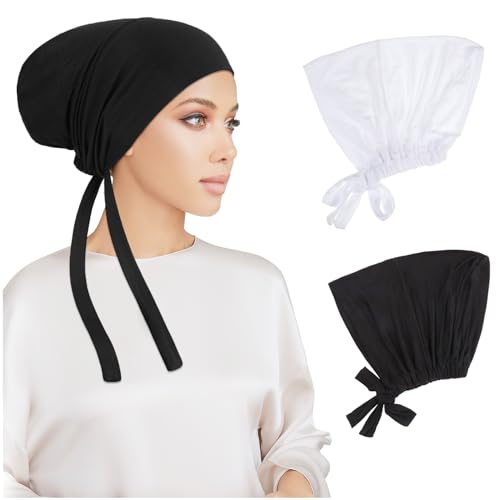 PHOGARY 2 Pcs Women Hijab Undercap, Islamic Muslim Under Hijab Cap Inner Under Scarf Hat Turban with Tie Back Closure - color: Black，white