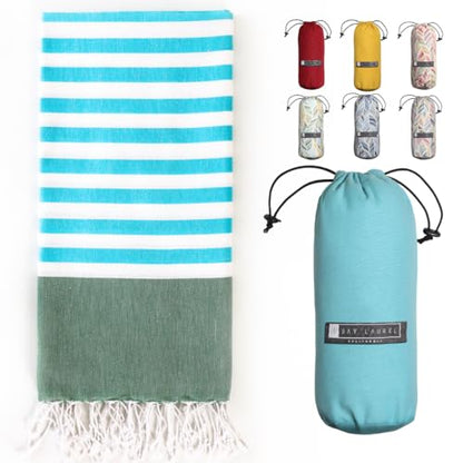 BAY LAUREL Turkish Beach Towel with Travel Bag 39 x 71 Quick Dry Sand Free Lightweight Large Oversized Towels Light - color: Turquoise Striped Turquoise Bag
