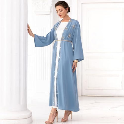 Muslim Abaya Long Sleeve Open Front Rhinestones Kaftan Cardigan Maxi Dress for Women with Belt - color: Modi Blue Cardigan, size: Medium
