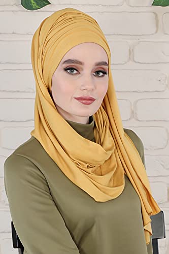 Aisha's Design Instant Hijab Scarves for Women, 95% Cotton Pretied Bonnet Turban Easy to Wear Cotton Headscarf - color: Mustard