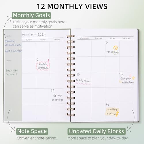 Undated Weekly and Monthly Planner Spiral Bound- Weekly Goals Notebook, To Do List, Habit Tracker Journal, Academic, Aesthetic, Stylish School or Office Supplies(6.1" x 8.4" - Green) - color: A-Green