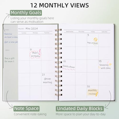 Undated Weekly and Monthly Planner Spiral Bound- Weekly Goals Notebook, To Do List, Habit Tracker Journal, Academic, Aesthetic, Stylish School or Office Supplies(6.1" x 8.4" - Green) - color: A-Green