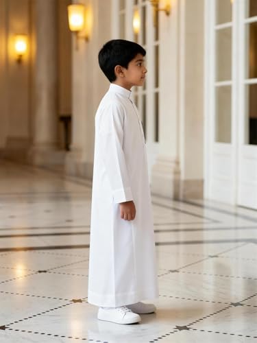 Kids Muslim Thobe, Boys White Traditional Arab Dishdasha, Long Sleeve Islamic Prayer Robe - color: White, size: 9Y