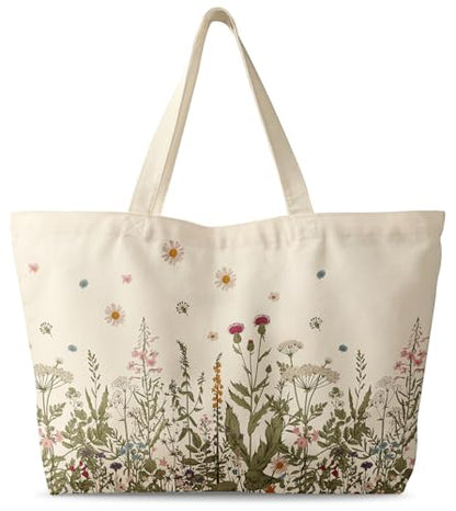 Miss Adola Large Tote Bag for Women - Canvas Tote Bag with Zipper Aesthetic Reusable Shoulder Bag for Gym, Travel, Work - style: Flower Grass