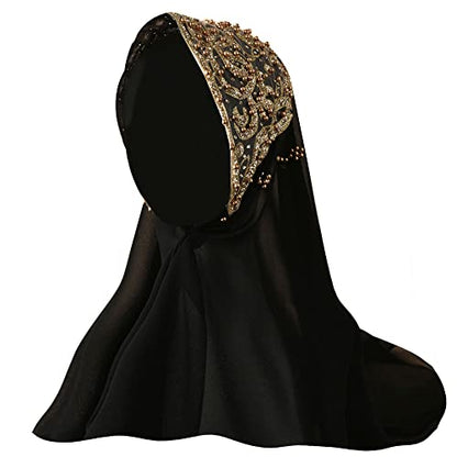 Women Fashion Chiffon Muslim Head Scarf Arabic Hijab Long Scarf Wrap - color: Beading Black