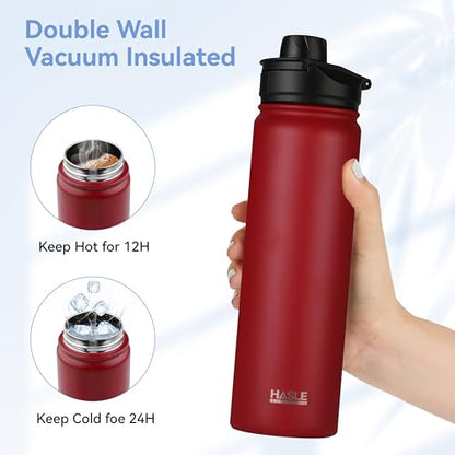 HASLE OUTFITTERS Insulated Water Bottle 22 oz Double Wall Stainless Steel Water Bottle Wide Mouth with Straw Lid & Spout Lid Keeps Cold or Hot(Red,1) - color: Red, size: 22 Ounces