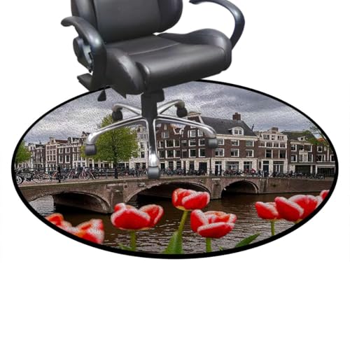 Tulip Canal Bridge Washable Round Office Chair Mat for Hardwood & Tile Floors, Spring Urban Scene Non-Slip Floor Protector,Protect The Floor from Scratches, Red Brown Gray Diameter 35.4 in - color: Tulip Canal Bridge_1467, size: Diameter 35.4 in