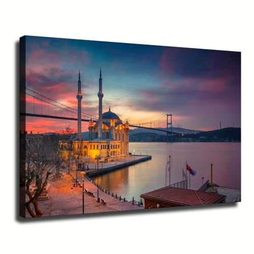 Canvas Wall Art Prints Istanbul Wall Art Canvas Ortakoy Mosque Sunset Boshphorus Bridge Poster for Living Room Bedroom Home Office Kitchen Hallway Background Wall Decor Framed (Framed,20x30 inch)